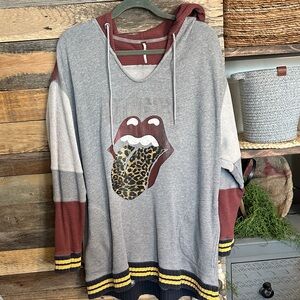 Upcycle inspiration.. Gray Graphic Hoodie with Leopard  FREE PEOPLE